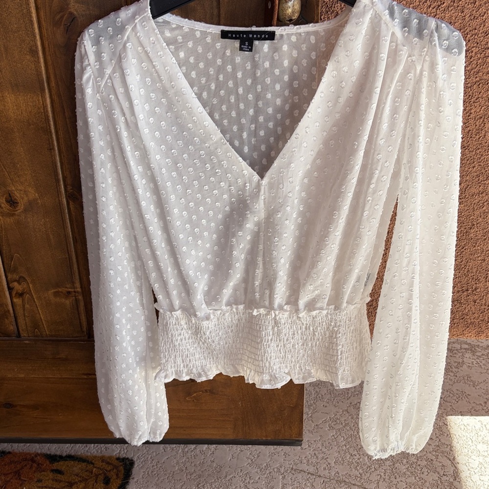 Haute Monde White Textured V-Neck Blouse